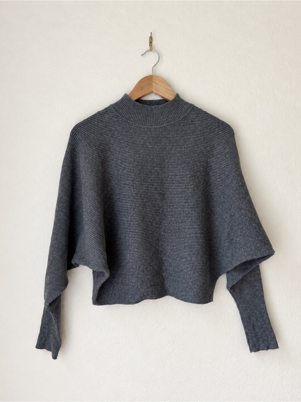 Zara Knit Gray Ribbed Batwing Mock Neck Sweater Size S